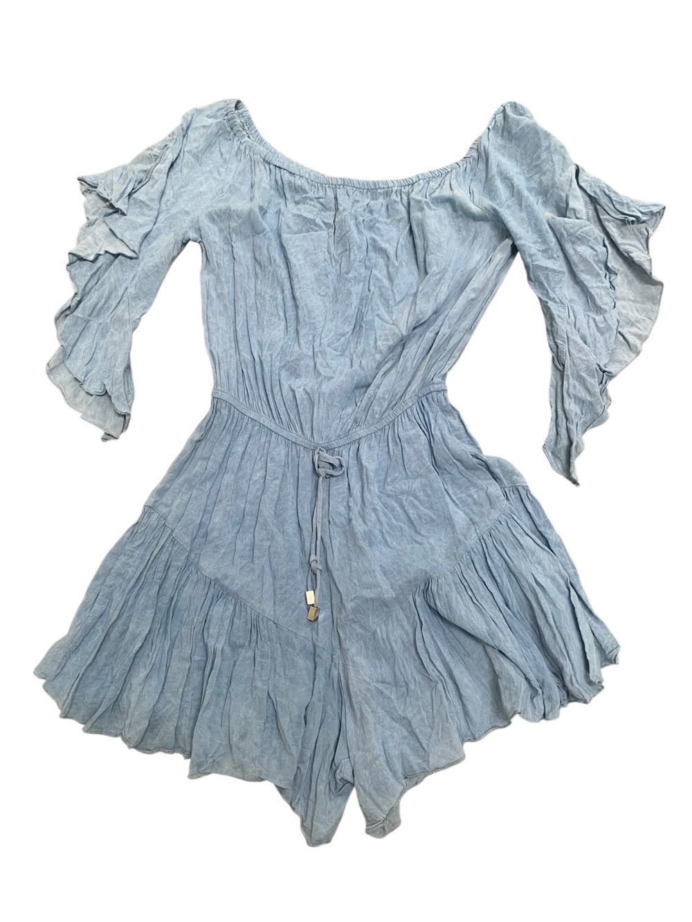 Elan Chambray Off-Shoulder Ruffle Sleeve Romper